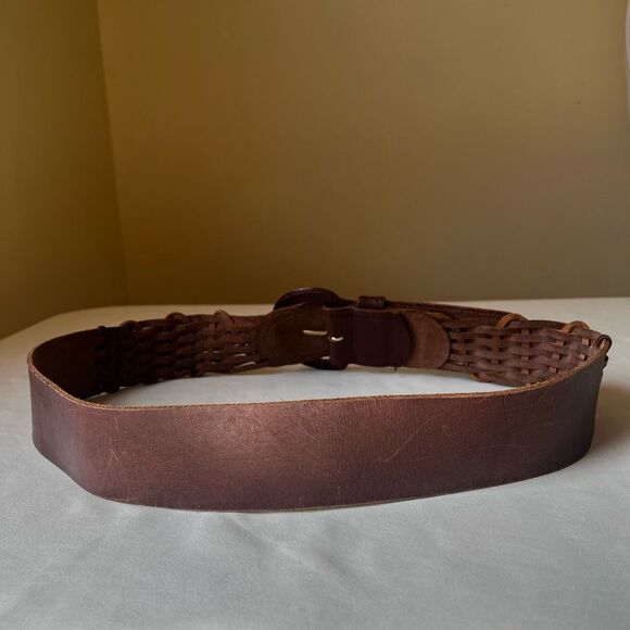 Vintage 90s Liz Claiborne Wide Brown Woven Leather Waist Belt L Covered Buckle - Picture 4 of 8